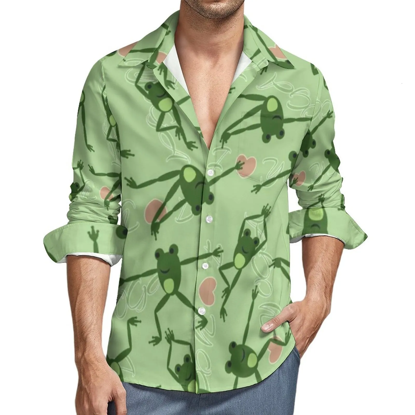 Camicie casual da uomo Rana Uomo Animale Cartone animato Cuore Camicia Manica lunga Tendenza Harajuku Camicette Autunno Abiti stampati Taglie forti 230921