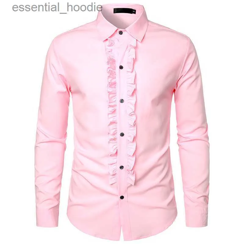 Erkekler Elbise Gömlek Yeni Erkek Pembe Fırfır Smokin Gömlek Uzun Kollu İnce Fit Elbise Gömlek Sahne Balo Düğün Damat Resmi Chitise Homme 2xl L230921