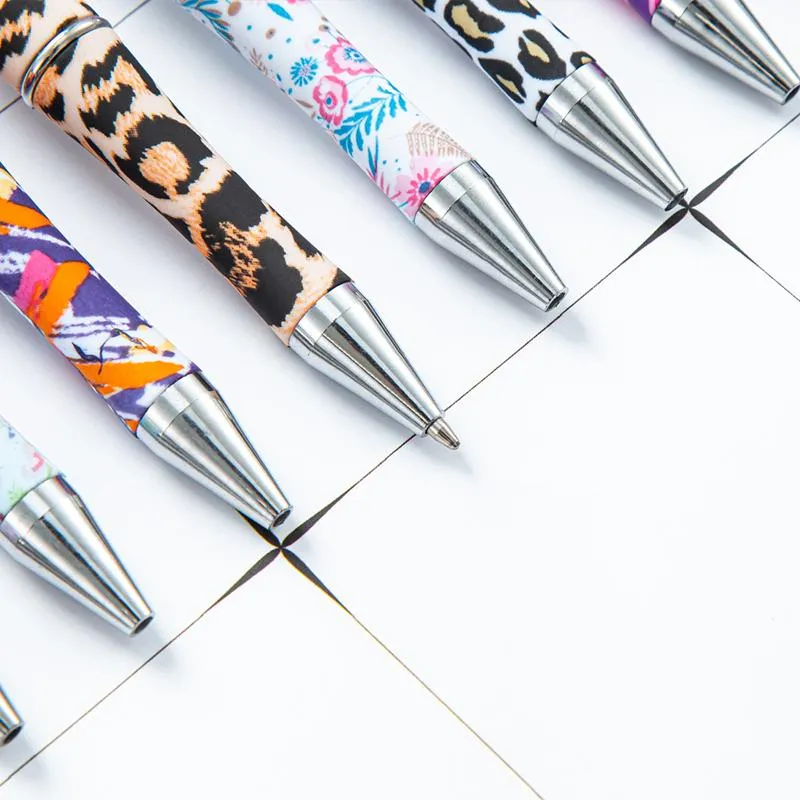 Leopard Beadable Pens DIY Beaded Ballpoint Pens Plastic Rotary Ball Pen School Office Supplies