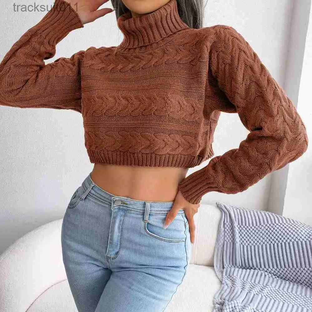 Sueteres de mujer Ficusrong Mujeres Otono Invierno Casual Twist Manga larga Cuello alto Cultivo Sueter de punto para damas Moda All Match Tops L230921