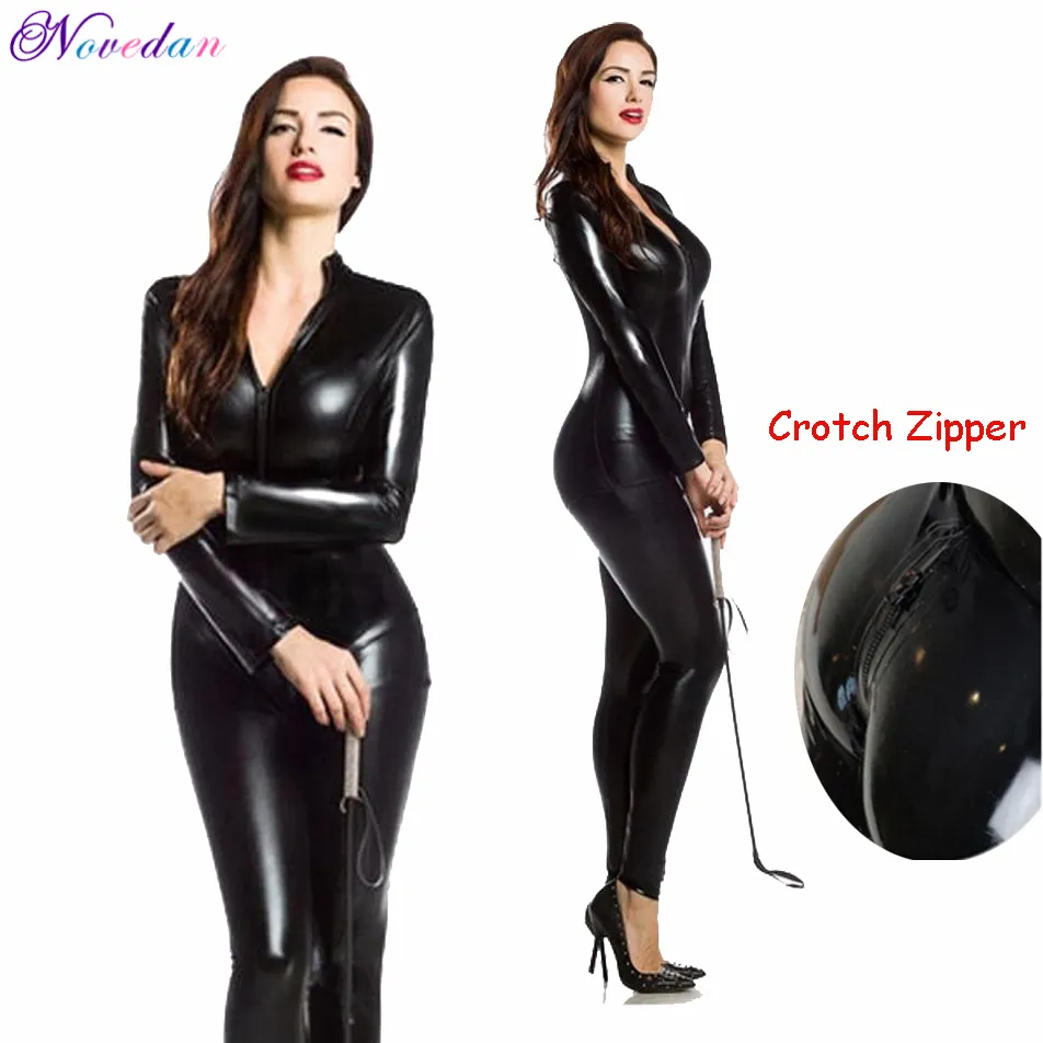 Catsuit Costumes Sexy Wetlook PVC Latex Bodysuit For Women Double Zipper Open Crotch Nightclub Dance Wear Leather Lingerie Catsuit