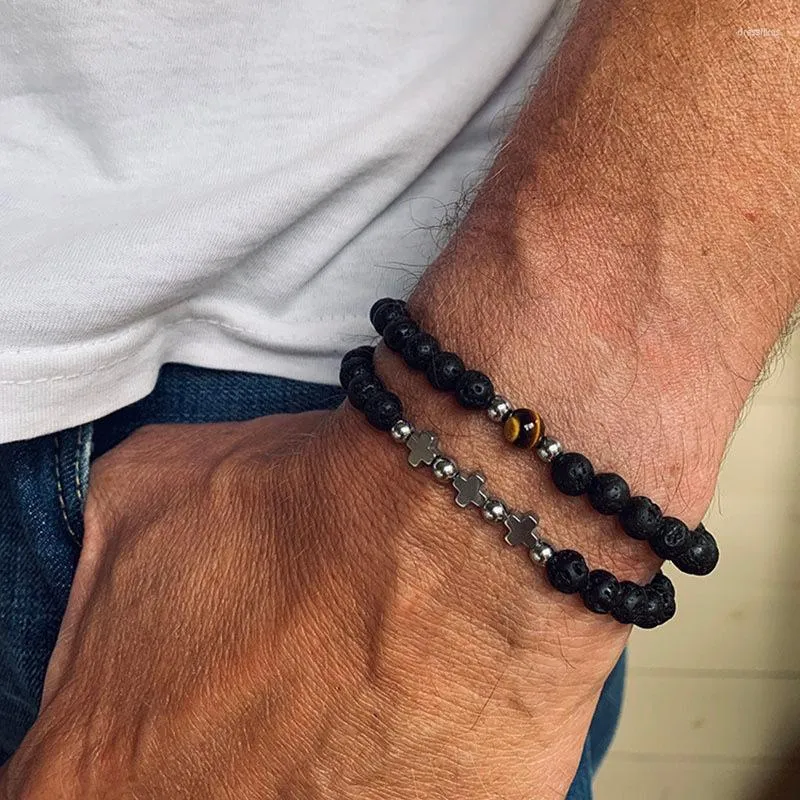 Länk armband charm naturlig hematit korsarmband för män bön fitness par yoga reiki helande meditation smycken present pulsera