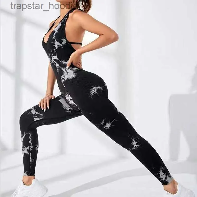 Jumpsuits voor dames Nieuwe tie-dye naadloze dames yogaset Ruglooze jumpsuit uit één stuk Workout bodysuit Gym bodycon romper Sport Fitness Activesuit L230921