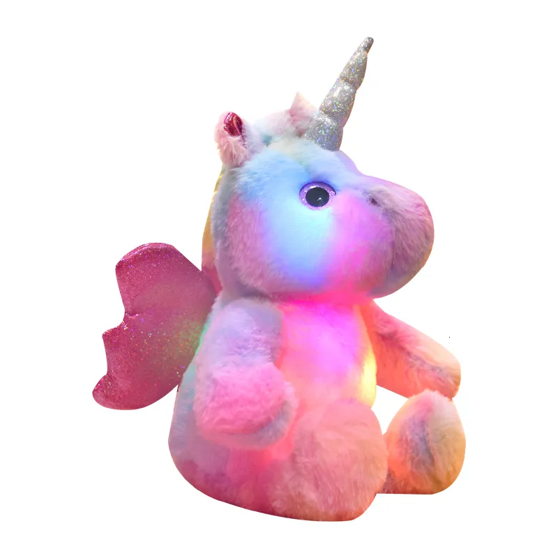 Plyschdockor 30 cm lysande plysch unicorn leksaker lyser upp LED -färgglada glödande fyllda djurdockar barn Julklapp till barn Girls 230921