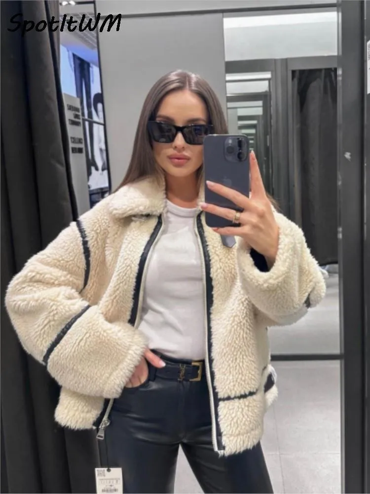 Women's Jackets Faux Teddy Fur Front Zipper Bike Women Thick Long Sleeve Motorcycle Coats Contrasting Colour Autumn Winter Street Jacket 230920