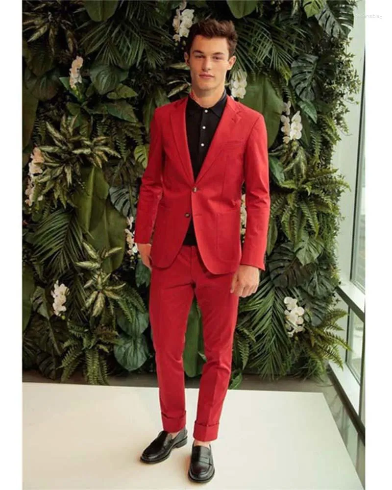 Men's Suits 2023 Fashion Red Blazer Trousers Groom Tuxedos Slim Fit Men Coat With Pockets 2Button Young Suit 2pcs Tailor(Jacket Pants)