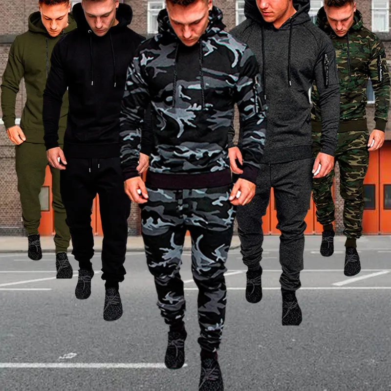 Heren Trainingspakken Heren 2-delig trainingspak sweatsuit Joggen Informeel Warm Ademend Wicking Fitness Hardlopen Sportswear Militair Tactisch HoodiePant 230920