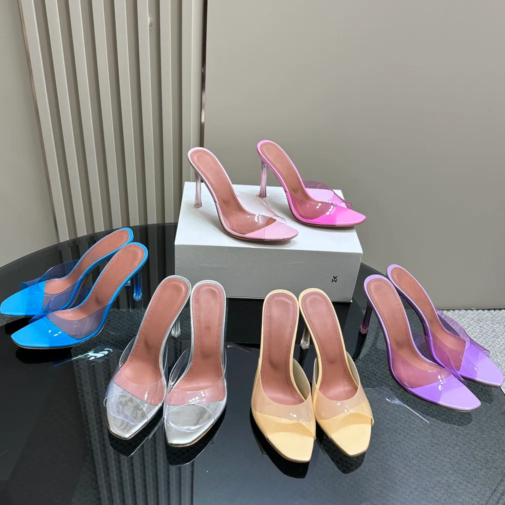 Spool Heels Slippers Designers Sandals AMINA MUADDI Satin Transparent PVC Women Shoes 10.5cm High Heeled Big Size Sandal Designer Shoe 35-42 Woman Pumps with dust bag