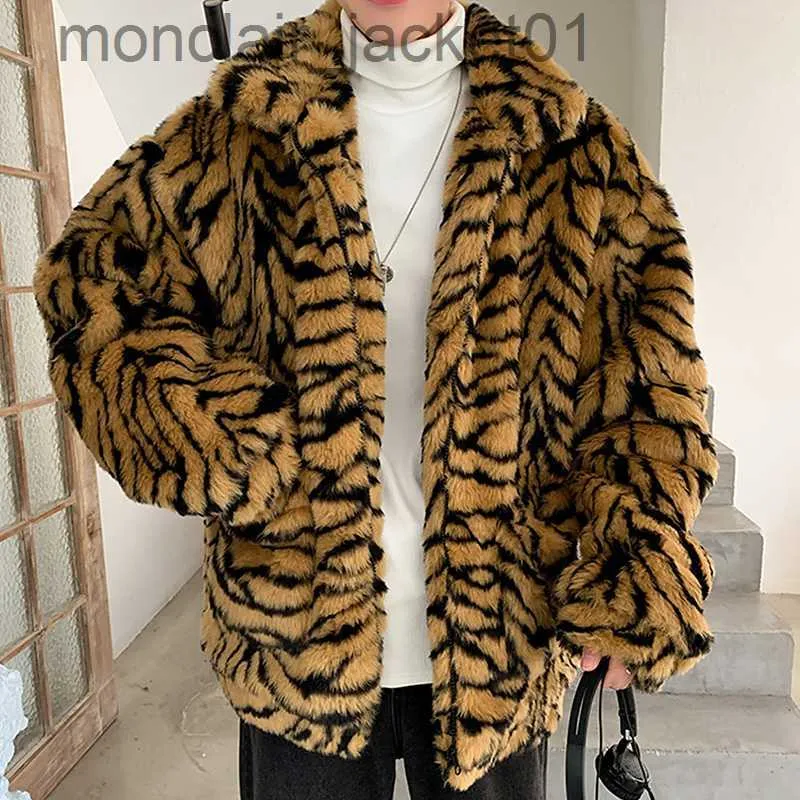 Kadınlar Kürk Faux Fur sahte Kürk Matar Erkekler için Dönüş Yakası Tiger Leopar Kürk Ceket Taklit Kalın Kış Kış Sıcak Kabarık Peluş Gevşek Jumper Dış Giyim J230921