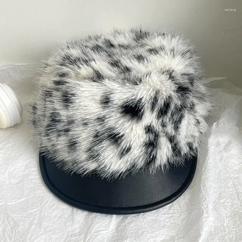 Baretten Winter Warme Kunsthoed Sboy Caps Vrouwen Bont Koreaanse Kunstenaar Luipaard Retro Accessoires Meisje Mannen Cap