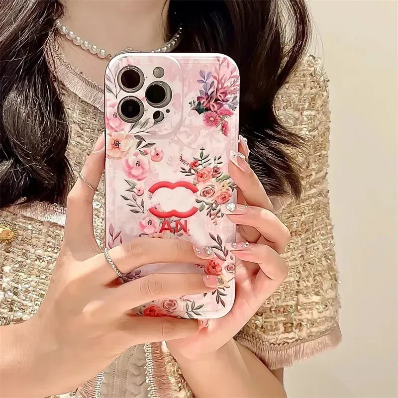 Designer Flower Phone Cases Womens Pink Phones Case for IPhone 14 13 12 11 Pro Max Plus X XS Luxury Smartphones Shockproof Cover G239226PE-3