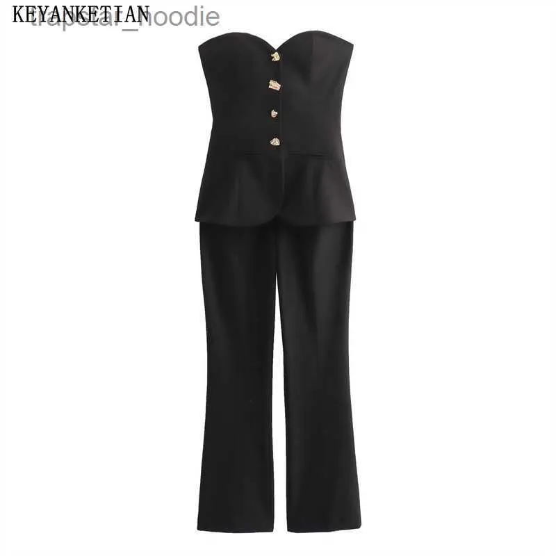 Jumpsuits voor dames Rompertjes KEYANKETIAN Nieuwe zomer tweedelige wikkeljumpsuit voor dames Stijlvolle gouden knopen versierde slim-fit jumpsuit Uitlopende broek Broeken L230921