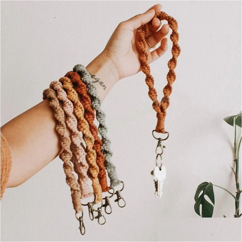 Key Rings Creative Cotton Rep Woven Armband Keychain for Women Wristlet Boho Chain Accessories FOB Rem flätad handledssläpp dhsun