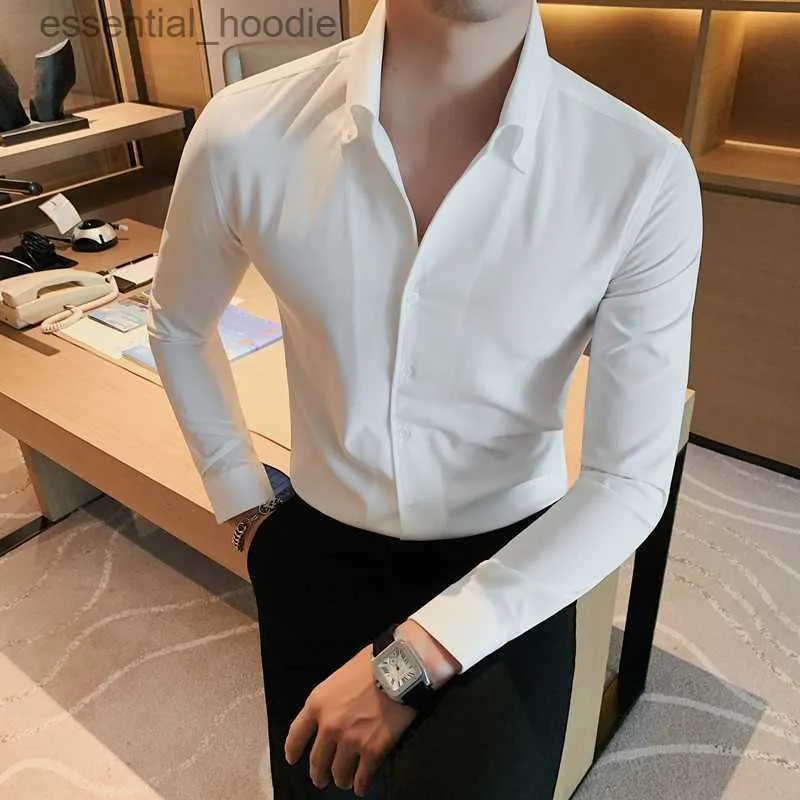 Men's Dress Shirts Men Dress Shirt Fashion Long Sleeve Business Social Shirt Male Solid Color Button Down Collar Work White Black Shirt 4XL L230921