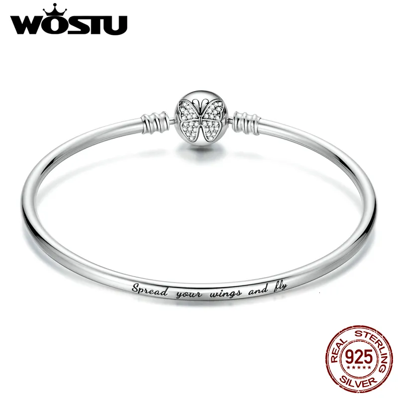 Bangle WOSTU Sterling Silver Borboleta Básica Bangle Gravura Espalhe suas asas e mosca cadeia pulseiras charme mão feminina CTB084 230921