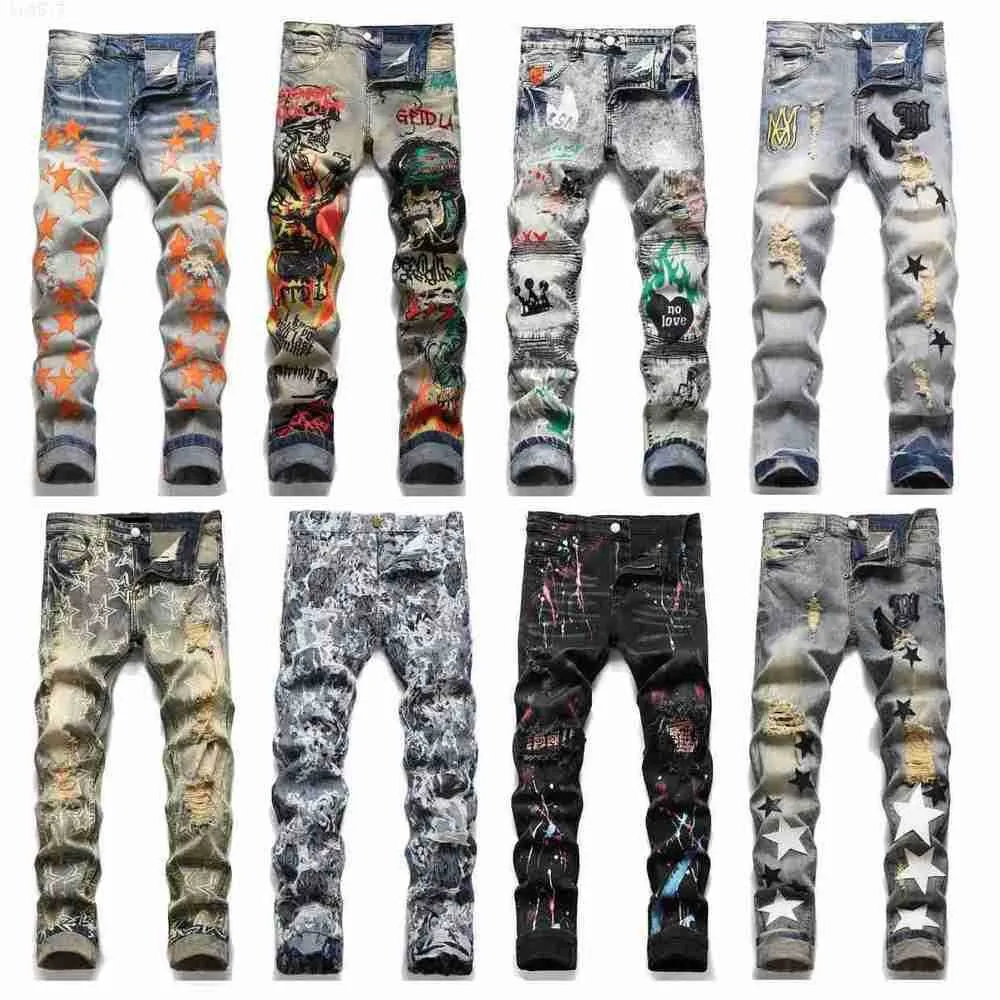 Designer Jeans Hommes Miri Mode Cool Style Denim Pantalon En Détresse Ripped Biker Broderie Luxe Noir Bleu Jean Slim Fit Moto Haute Qualité Tendance Cottonuprg