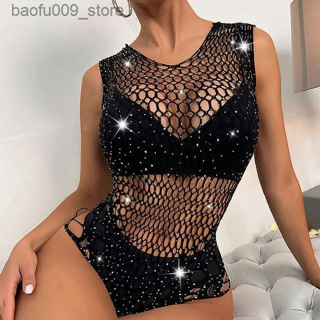 Sexy Set Rhinestone Erotic Hot Bodysuits For Women Fishnety Body