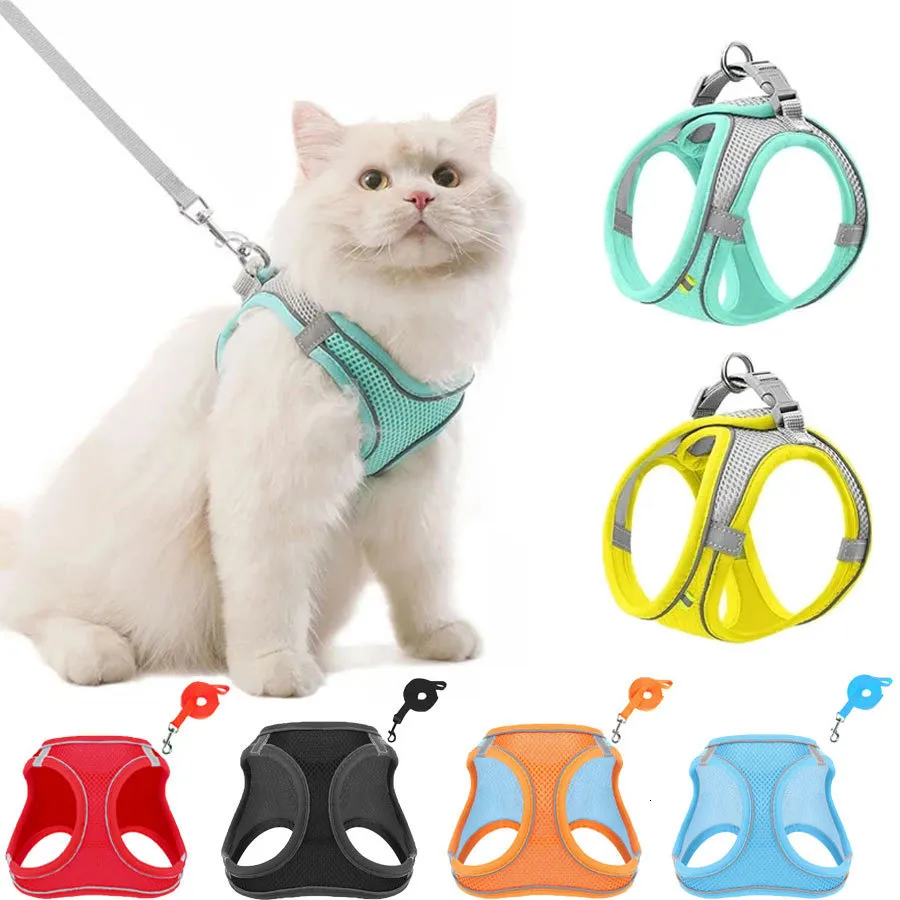 Coleiras de cachorro trelas pet cat arnês e trela conjunto reflexivo respirável arnês para gatos ajustável conforto gatinho suprimentos 230921