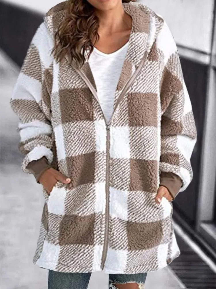 Women futra sztuczne futro jesienna zima w kratę Faux Fur Płaszcz Kobiet Teddy Płaszcz Kurtki z kapturem Kobiet Furry Teddy Bear Plush Jacket Women 230920