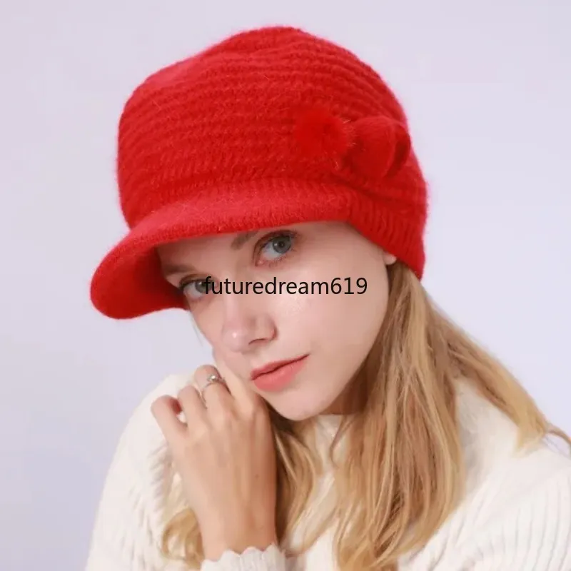 Warm Rabbit Fur Hat Caps Winter Knit Stingy Brim Hats for Women Solid Fashion Accessories