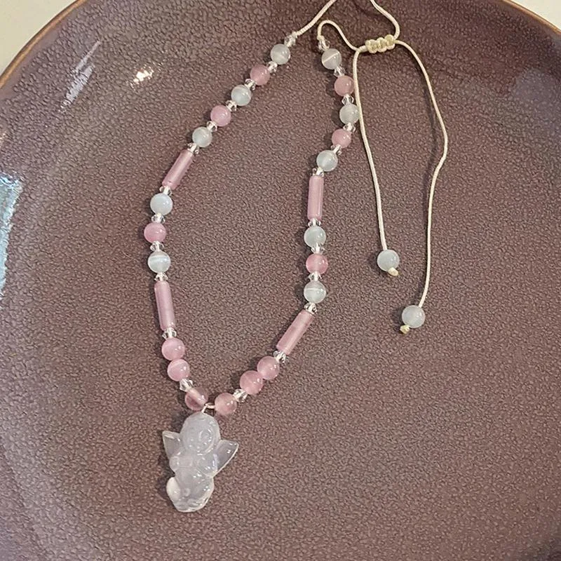 Hänge halsband ängel fjäril knapp opal rosa väv pärlhalsband för kvinnor söt charm estetik choker vintage trendiga smycken