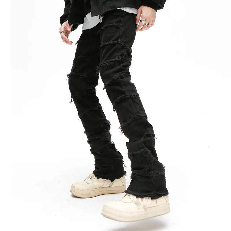 Heren jeans heren retro patchwork wijd uitlopende broek grunge grunge wilde gestapelde scheurde lange broek broek met rechte y2k baggy gewassen vervaagde jeans voor mannen 230920