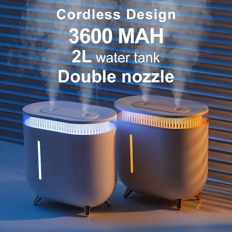 1 pc 2l 3600 mAh grote capaciteit ultrasone luchtbevochtiger met dubbele mondstuk en essentiële oliediffuser - oplaadbare USB -luchtbevochtiger voor H2O Room