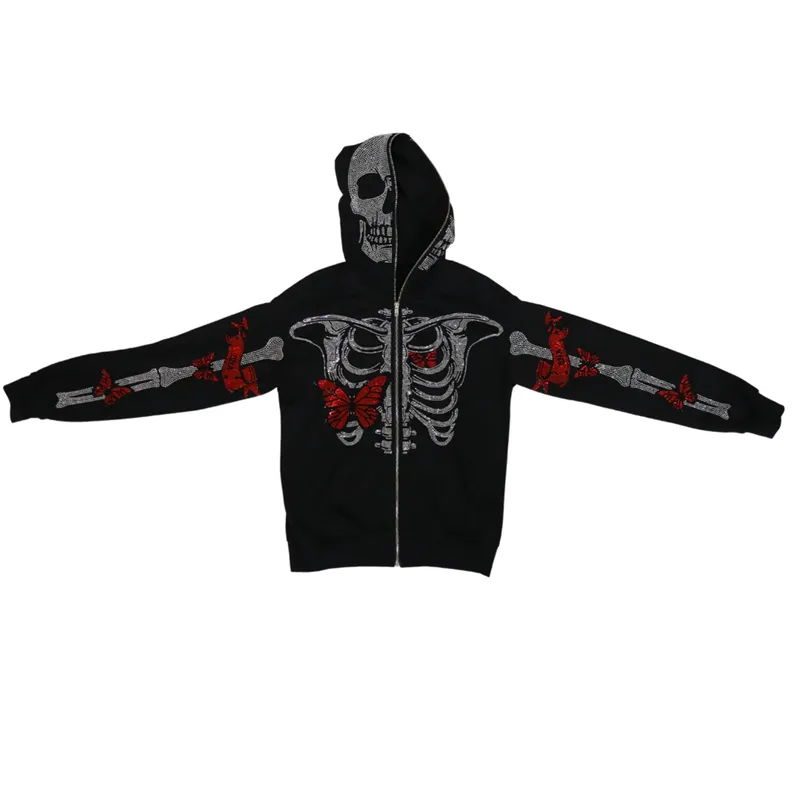 Men's Hoodies Sweatshirts Zip-up Hoodie Men Y2K Clothes Fashion Hoodies Cool Rhinestones Butterfly Skeleton Print Unisex Sweatshirt Zipper Tops Coats 230921