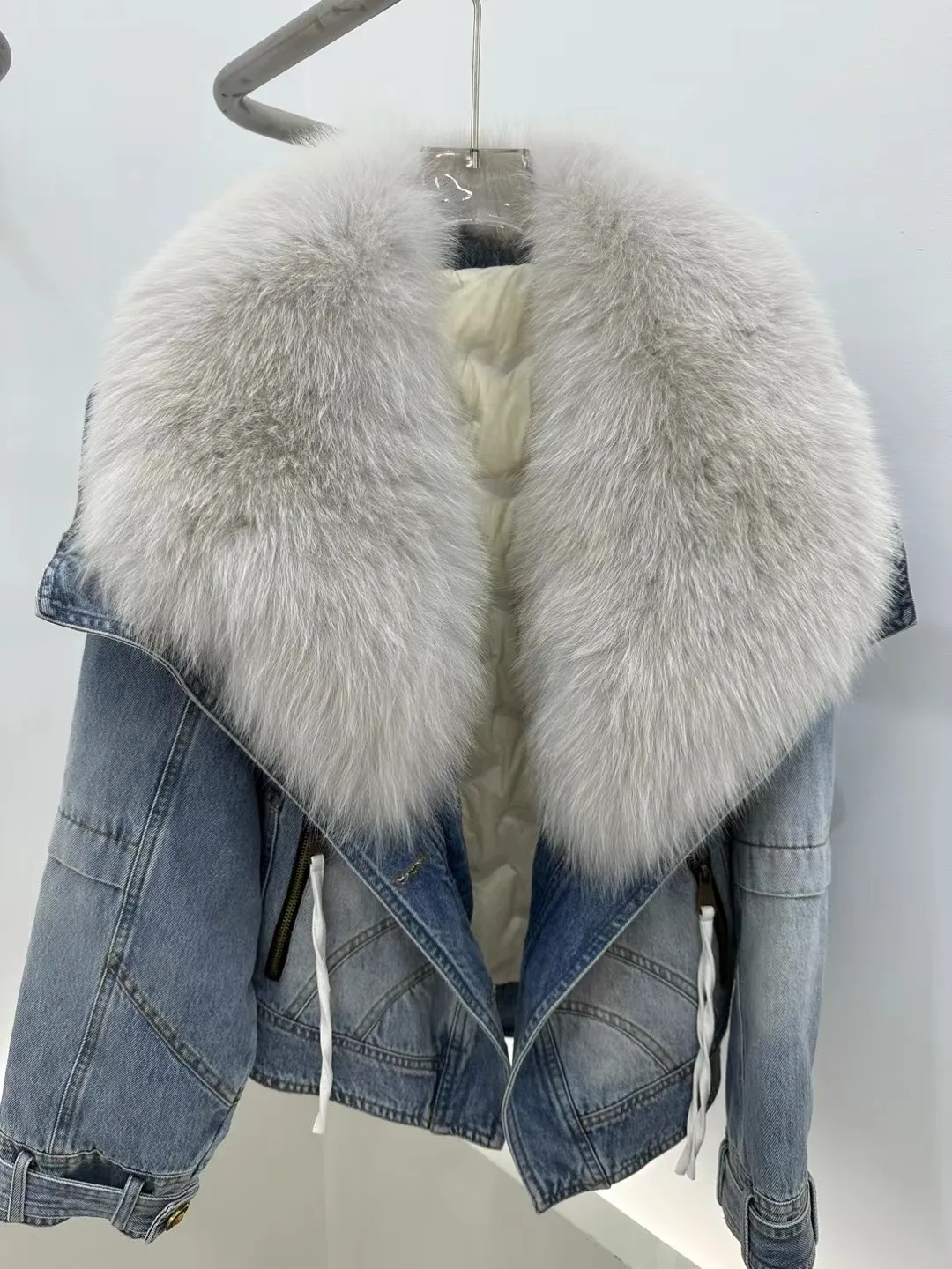 여자 모피 가짜의 패션 데님 거위 아래로 큰 화이트 칼라 분리 가능한 충전 내부 안감 하이 엔드 재킷 230920