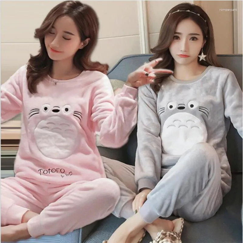 Women's Sleepwear Winter Flannel Pajamas Velvet Pink Gray Round Neck Suit Coral Fleece Thickened M-2XL Home Service