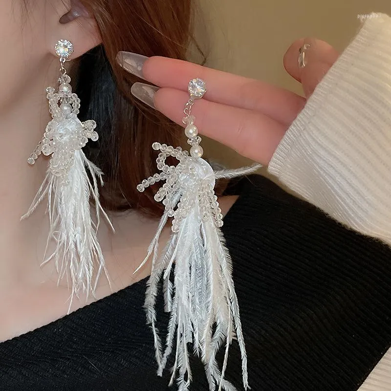 Dangle Earrings Heavy Industry Crystal Feather Long Tassel Drop For Women Light Luxury Fashion Temperament Party Jewelry