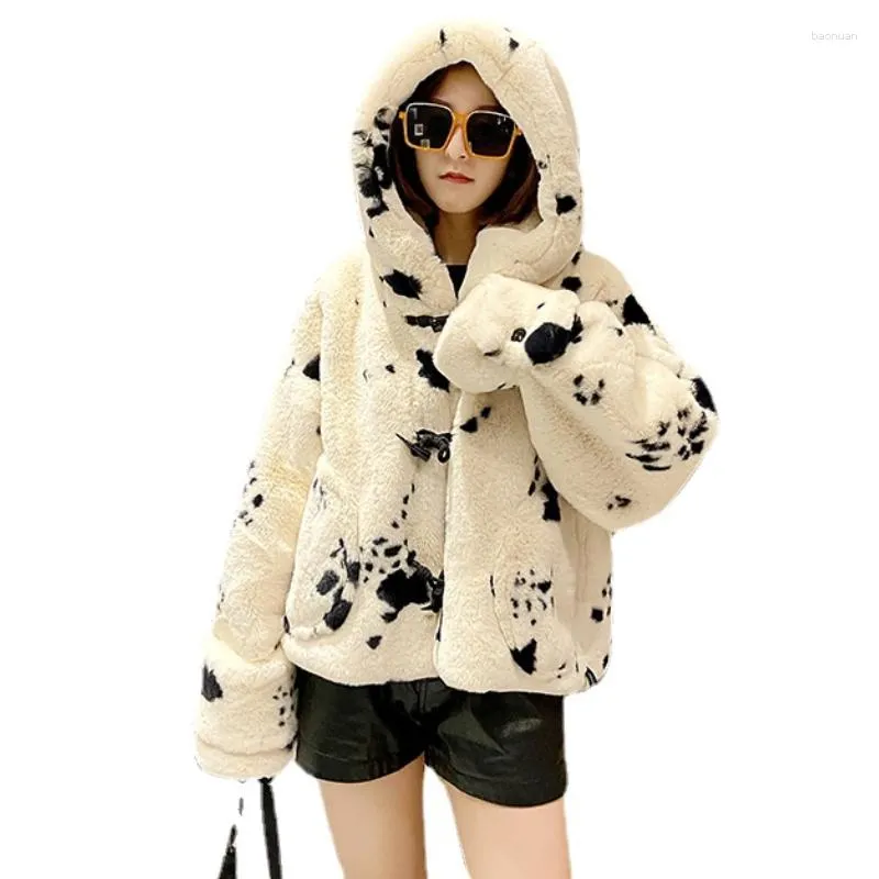 Women's Fur Oversized White Plush Jacket Hooded Faux Coat Women 2023 In Outerwears Female Horn Button Fluffy Ladies Clothing