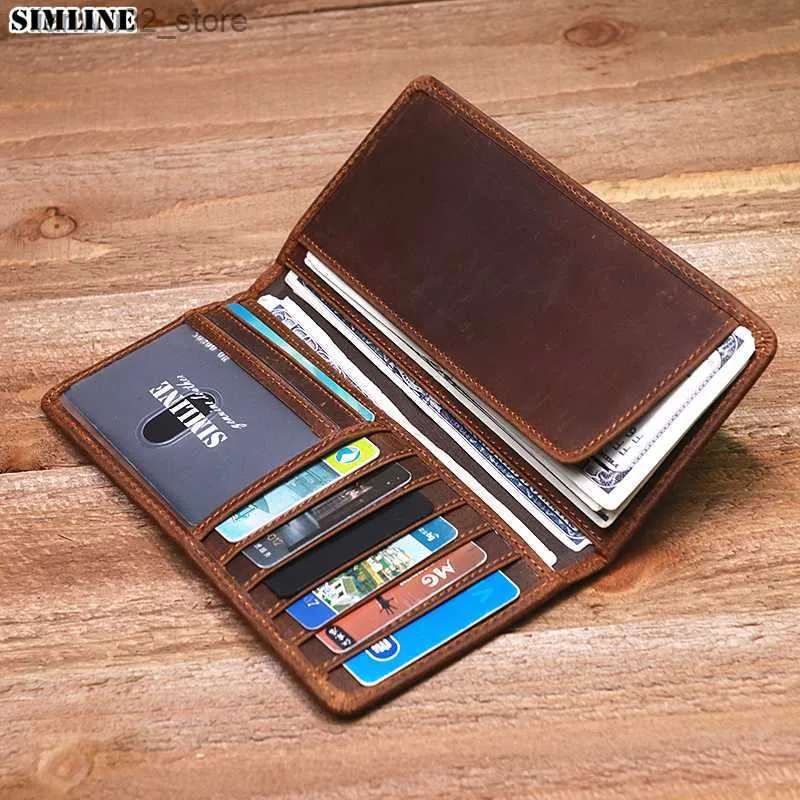 Geldscheinklammern Echtes Leder-Geldbörse für Männer Vintage Crazy Horse Long Bifold Slim Herren-Geldbörse Scheckheft-Geldbörse Bargeld mit Ausweisfenster Kartenhalter Q230921