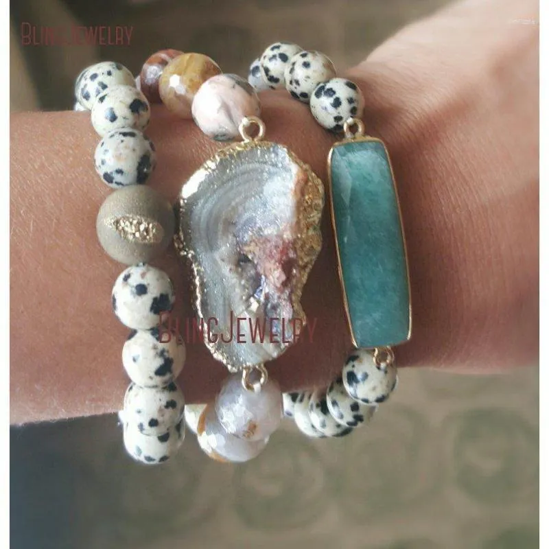 Strand gemaakt van Dalmatische Jaspers stenen armband met bal Agaat Druzy of Amazoniet Bar Charm BM10743