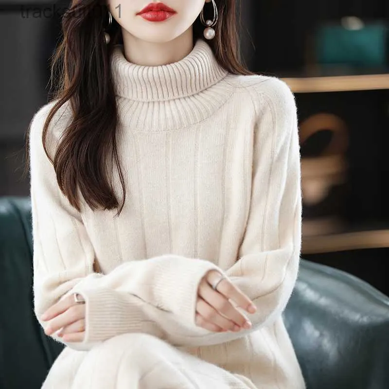 Women's Sweaters Suit 2022 Hot Sale Ladies Long Sleeve Turtleneck Cashmere Sweater Casual Knit Loose Wide Leg Pants Women 100% Pure Wool Suit L230921