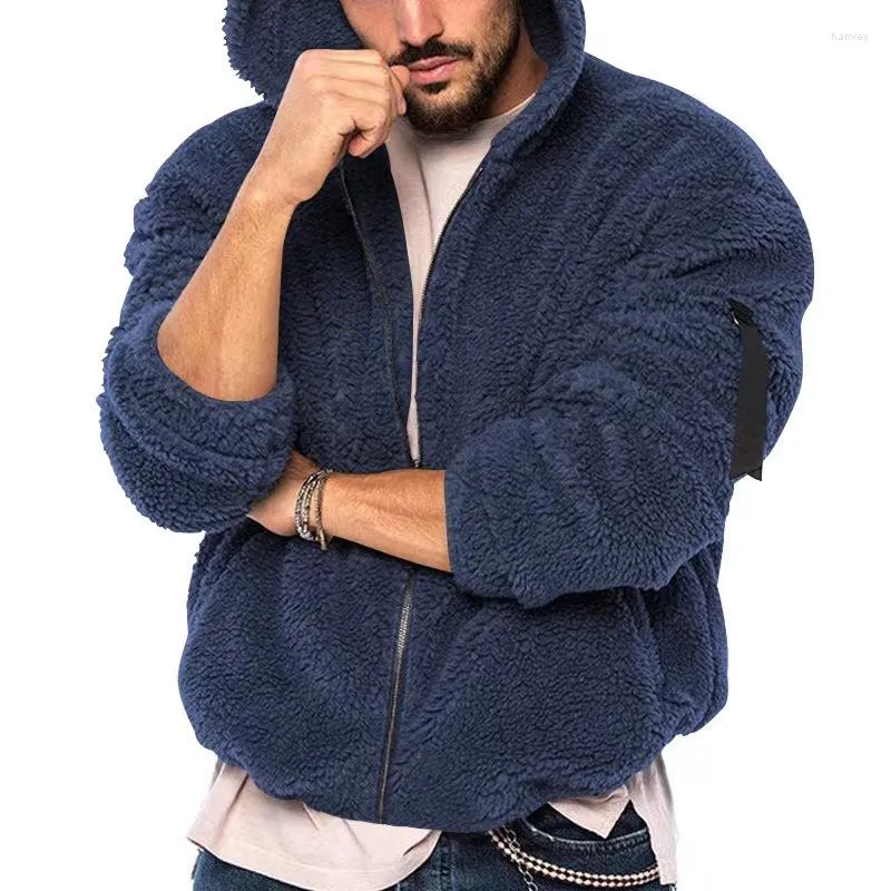 Jaquetas masculinas Mens Zipper Hoodies Jaqueta Quente Outono Inverno Casual Solto Dupla Face De Pelúcia Sólida Com Capuz Fofo Casaco De Pele Outerwear