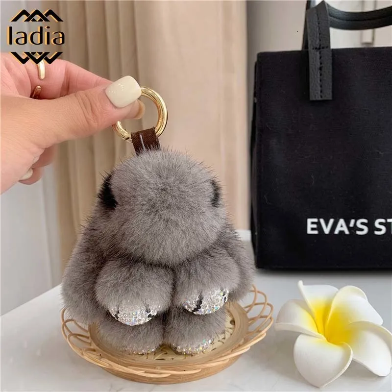 Plush Keychains Cute Long Ear Bunny Keychain Real Mink Fur Rabbit Doll Pendant Toys Keyring Handbag Charm Ornament Pompom Plush Jewelry Gifts 230921