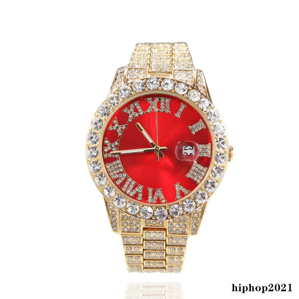 Full Diamond Iced Out Watch New Fashion Hip Hop Red Green Face Large Dial Mens Wristwatch Calender Quartz Womens Watch Gift2190