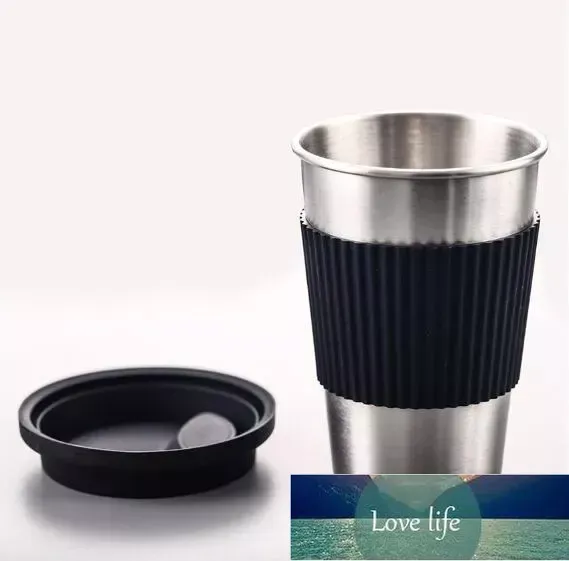 Caneca de café de aço inoxidável simples, copo portátil para beber com tampa de silicone, copo de água para viagem, copo de vinho, copo reto, garrafa de água