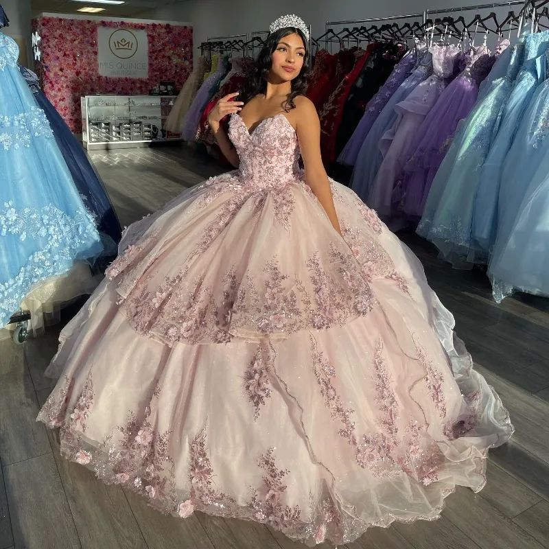 Rosa älskling från axeln quinceanera klänningar glittrande applique spetsboll klänning söt 16 prinsessan klänning galan vestido de 15 anos