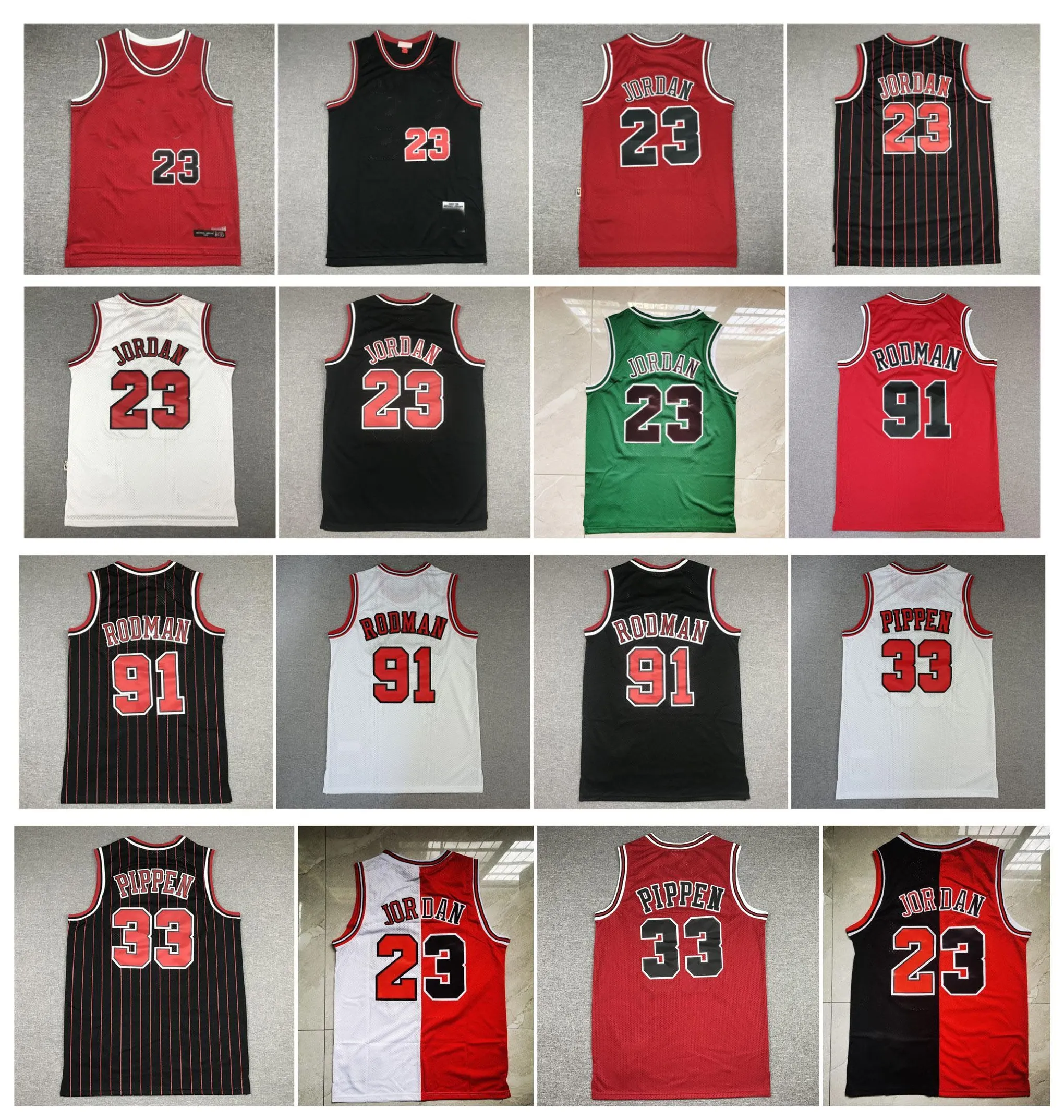 23 Michael Jor Dan 33 Scottie Pippen Basketball Jersey 91 Dennis Rodman Trowback Red Bianco Black Green Size S-XXL