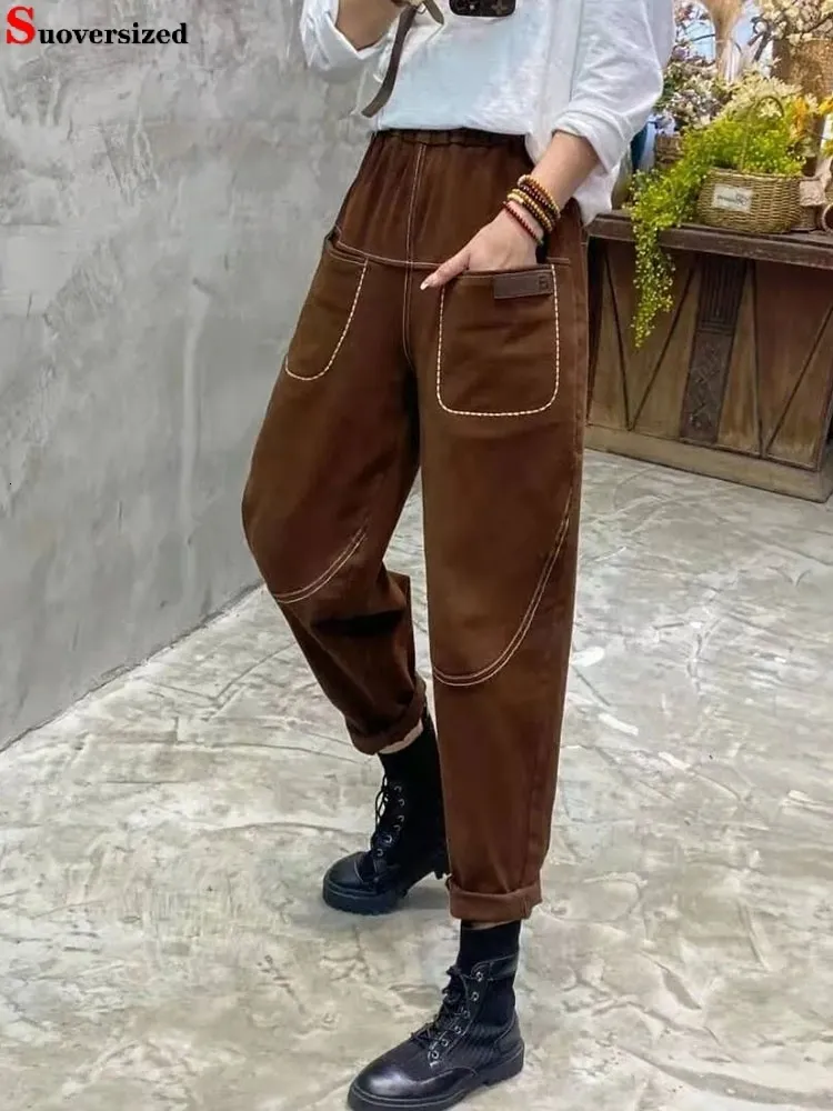 Femmes Jeans été Baggy Harem cheville longueur élastique taille haute Denim pantalon streetwear femme Jeansy couleur unie mode pantalons 230921