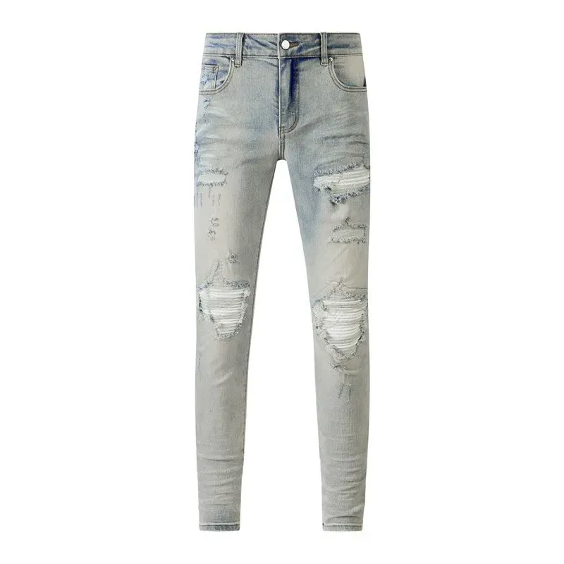 Jeans Männer Loch Hellblau Dunkelgrau Italien Marke Mann Lange Hosen Hosen Streetwear Denim Skinny Slim Gerade Biker Jean für Top Qualität 457