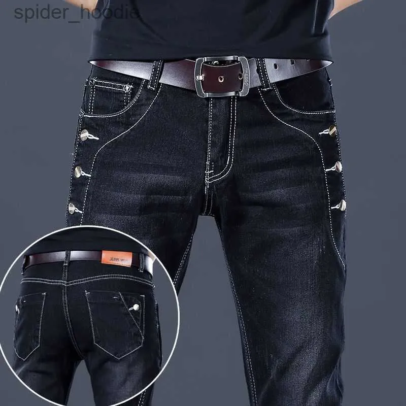 Jeans pour hommes élégant noir luxe hommes coréen Streetwear Punk mode confortable Stretch jean coupe mince jambe droite pantalon en Denim décontracté L230921