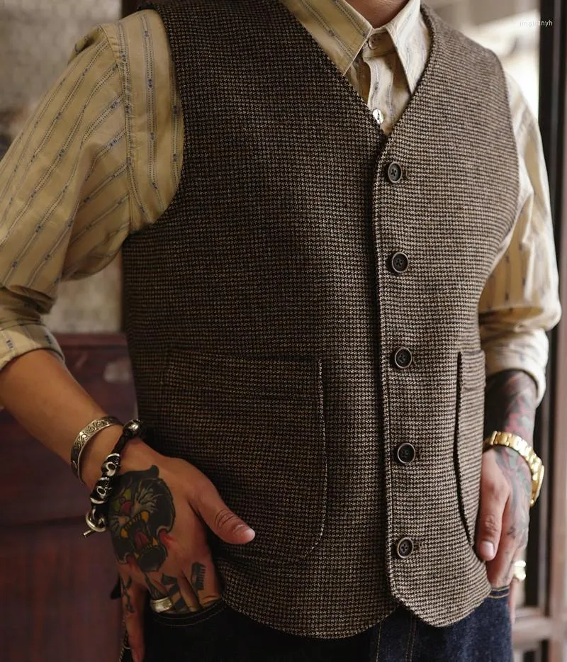 Men's Vests Suit Vest Brown Houndstooth Tweed Single Breasted Retro Steampunk Waistcoat V Neck Casual Formal Business 2023