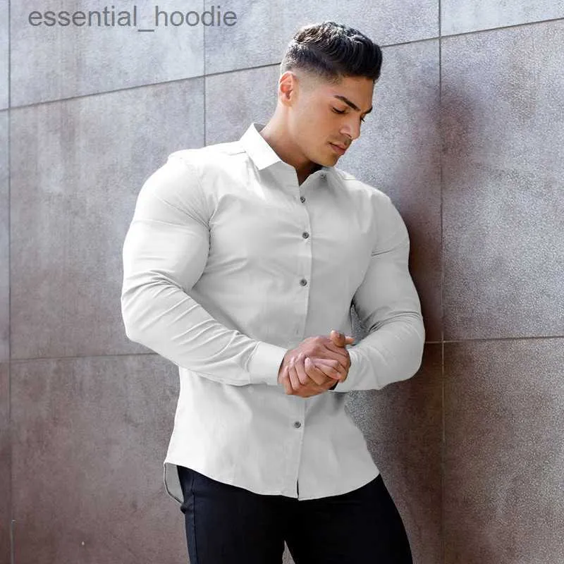 Herrenhemden Muscle Fitness Brother Slim Fit Männer Koreanische Business Casual Langarmhemd Anti-Falten Einfarbig Männliche soziale formelle Hemden L230921