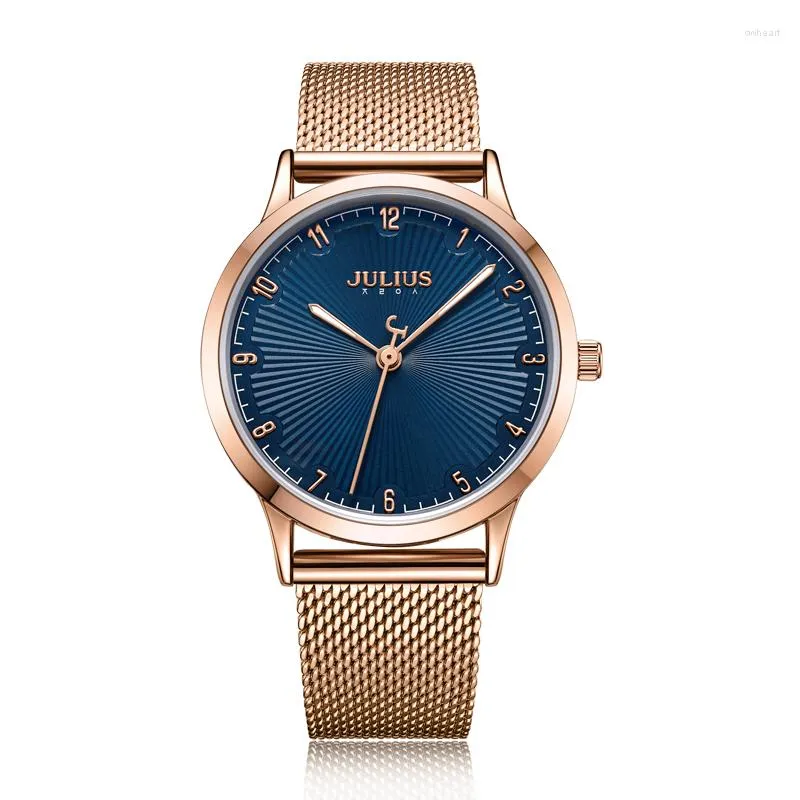 Relógios de pulso Julius Relógio Feminino Banda de Aço Inoxidável Casual Business Quartz-Watch Blue Dial Trendy Stylish Top Marca Montre JA-1075