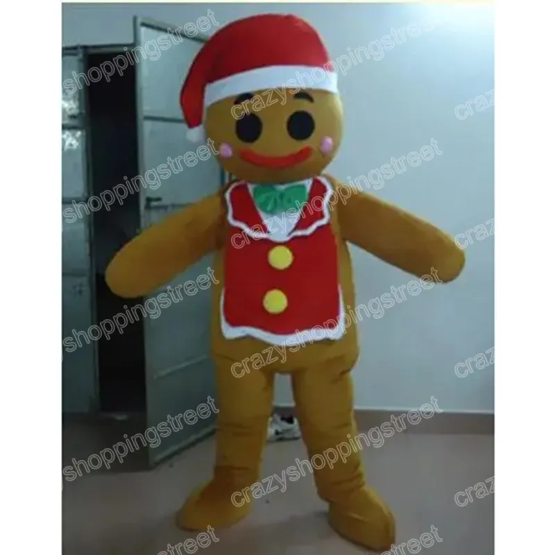 Traje de la mascota del hombre de jengibre de Halloween Trajes de personajes de dibujos animados de alta calidad Trajes de vestir de carnaval de Navidad Tamaño de adultos Fiesta de cumpleaños Traje al aire libre