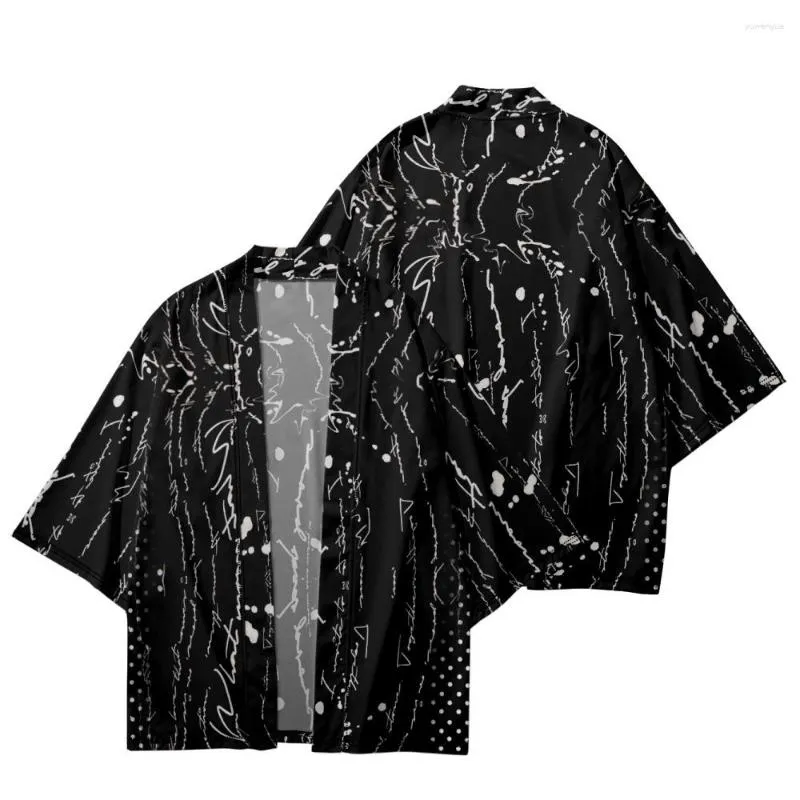 Vêtements ethniques Été Japonais Lâche Harajuku Lettre Rayée Imprimé Noir Kimono Cardigan Pantalon Court Femmes Hommes Cosplay Yukata