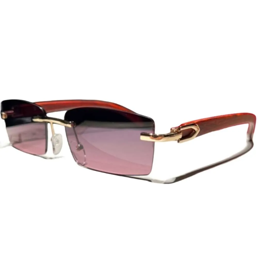 Nouvelles lunettes de soleil de luxe 2023 sans cadre 9199 pour lunettes de soleil de créateurs pour hommes avec lentilles en grain de bois et nuances de boîte pour défilé de mode pour femmes, visage petit UV400 avec boîte-cadeau